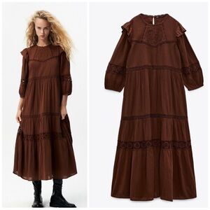 Zara Openwork Cotton Embroidered
Brown Dress New
